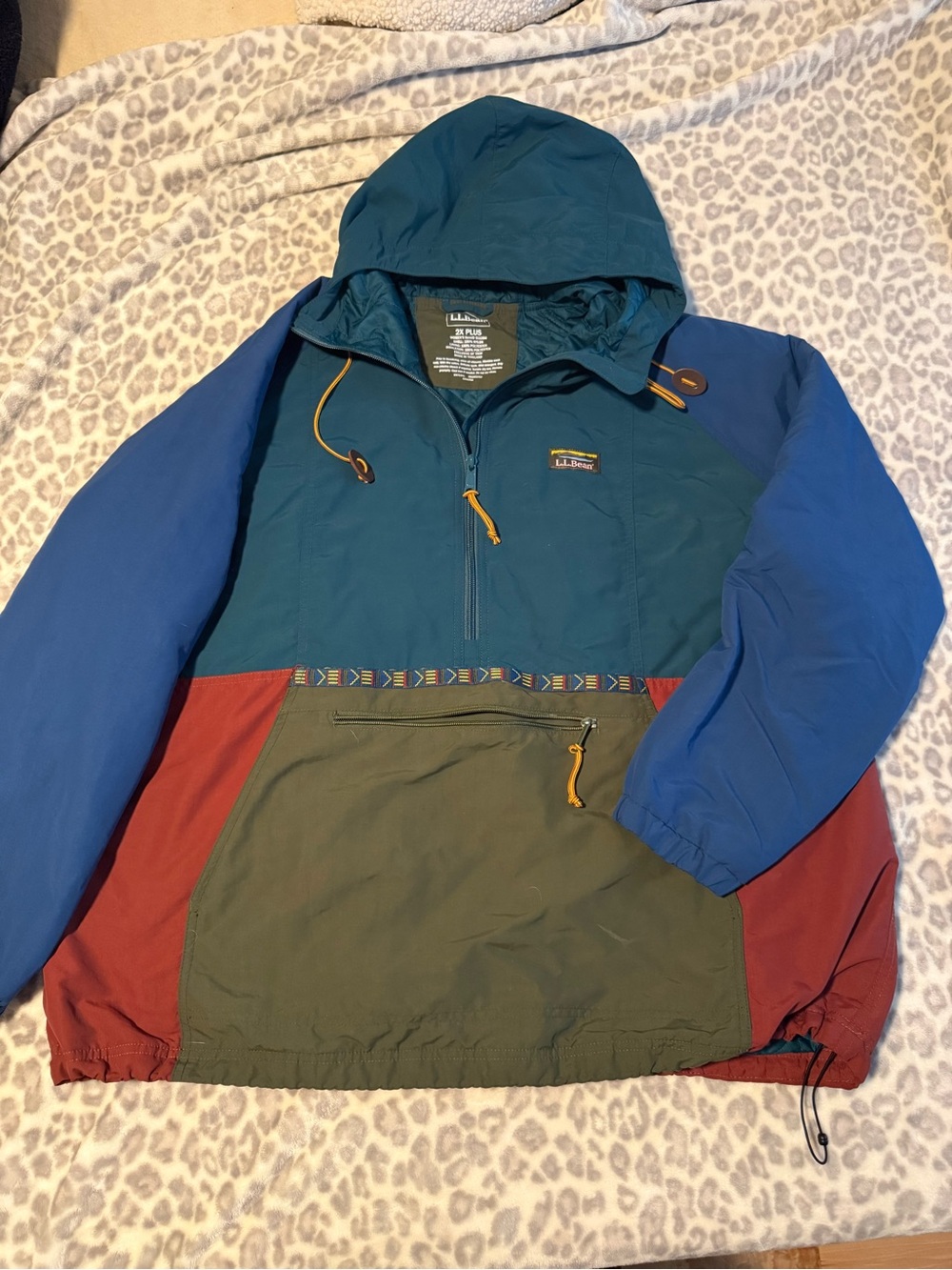 L.L. Bean Colorblock Hooded Pullover Jacket in Teal, Blue and Olive